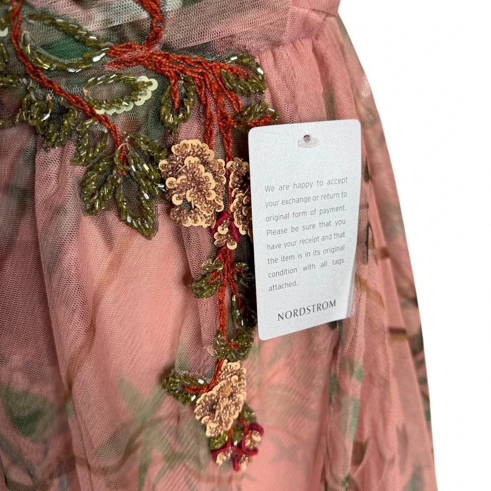 PATBO Pink Floral Print Tulle Evening Gown Beaded Garden Fairy Women's Size 8 - Picture 8 of 13